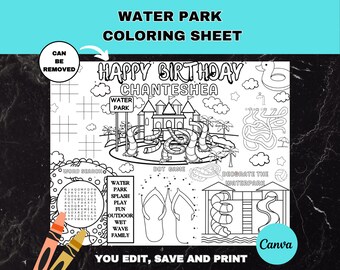 Op de afbeelding: Een zwart-witte kleurplaat met een waterpark met een glijbaan, een zwembad, palmbomen en een kasteel. De pagina bevat een woordzoeker, een stippenspel en een gedeelte om het waterpark te versieren. De tekst "Happy Birthday Chanteshea" staat bovenaan de pagina.