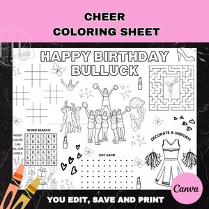 Puede incluir: Una hoja de colorear imprimible en blanco y negro con el texto "Happy Birthday Bulluck" y un tema de porristas. La hoja incluye una búsqueda de palabras, un juego de puntos a unir, un laberinto y una sección para decorar un uniforme de porrista.