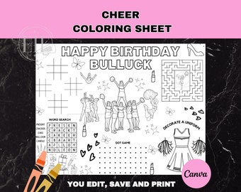 Cheerleader Coloring Birthday Party Activity Sheet | Editable Cheer Placemat | Pom Pom Color Page | Squad Table Game | Pep Rally Party Favor