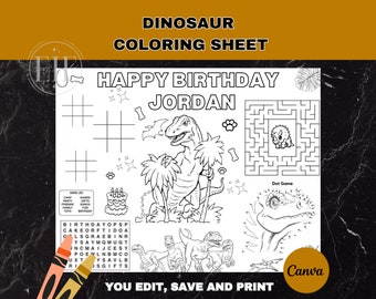 Op de afbeelding: Een zwart-wit kleurplaat met een dinosaurus met de tekst "Happy Birthday Jordan". De plaat bevat een woordzoeker, een stippen-tot-stippen spel en een doolhof.