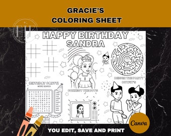 Gracie's Corner Coloring Birthday Party Activity Sheet | Editable Gracie Placemat Template| Black Girl Color Page | Kids Youtube Table Game