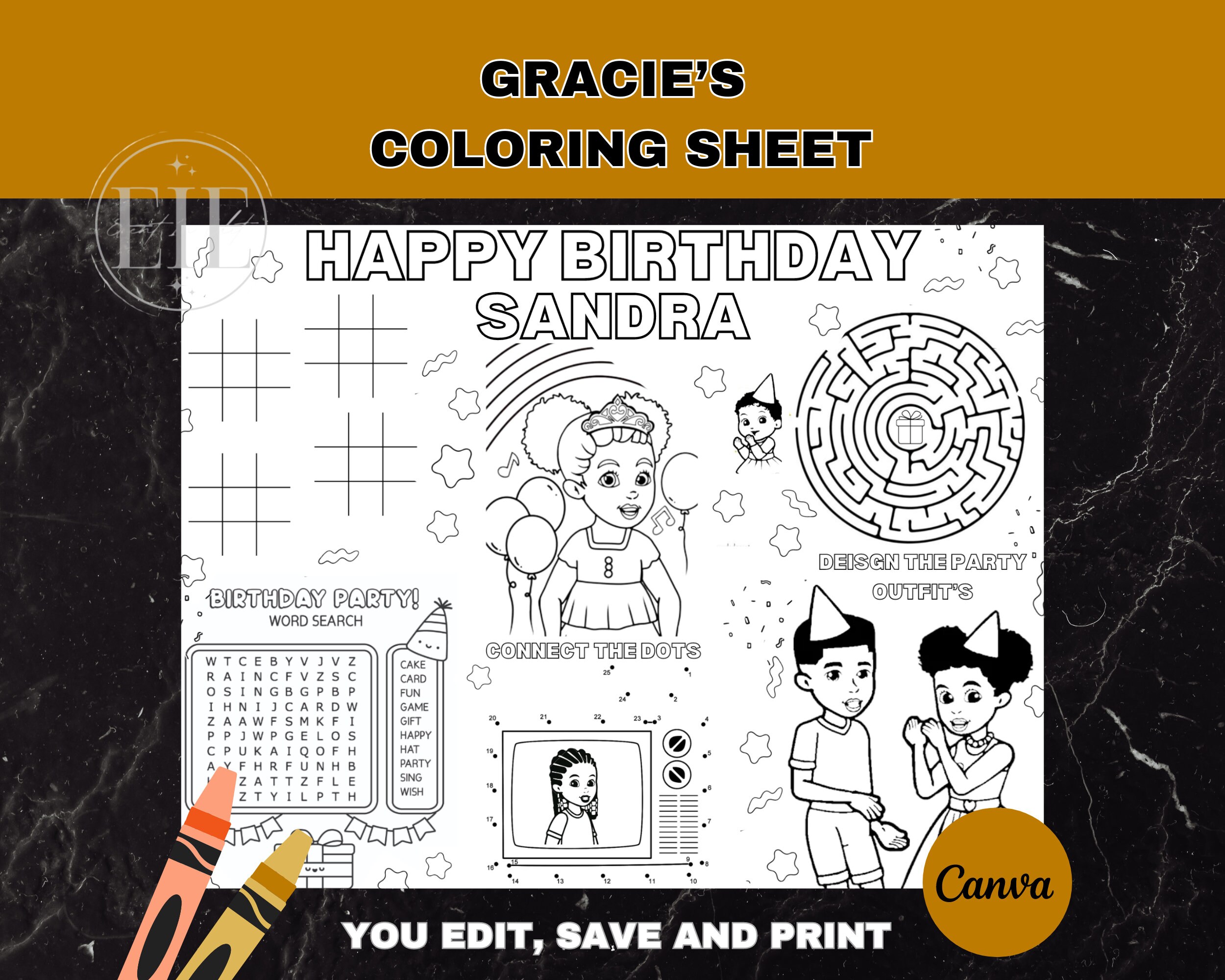 Gracie's Corner Coloring Birthday Party Activity Sheet Editable Gracie