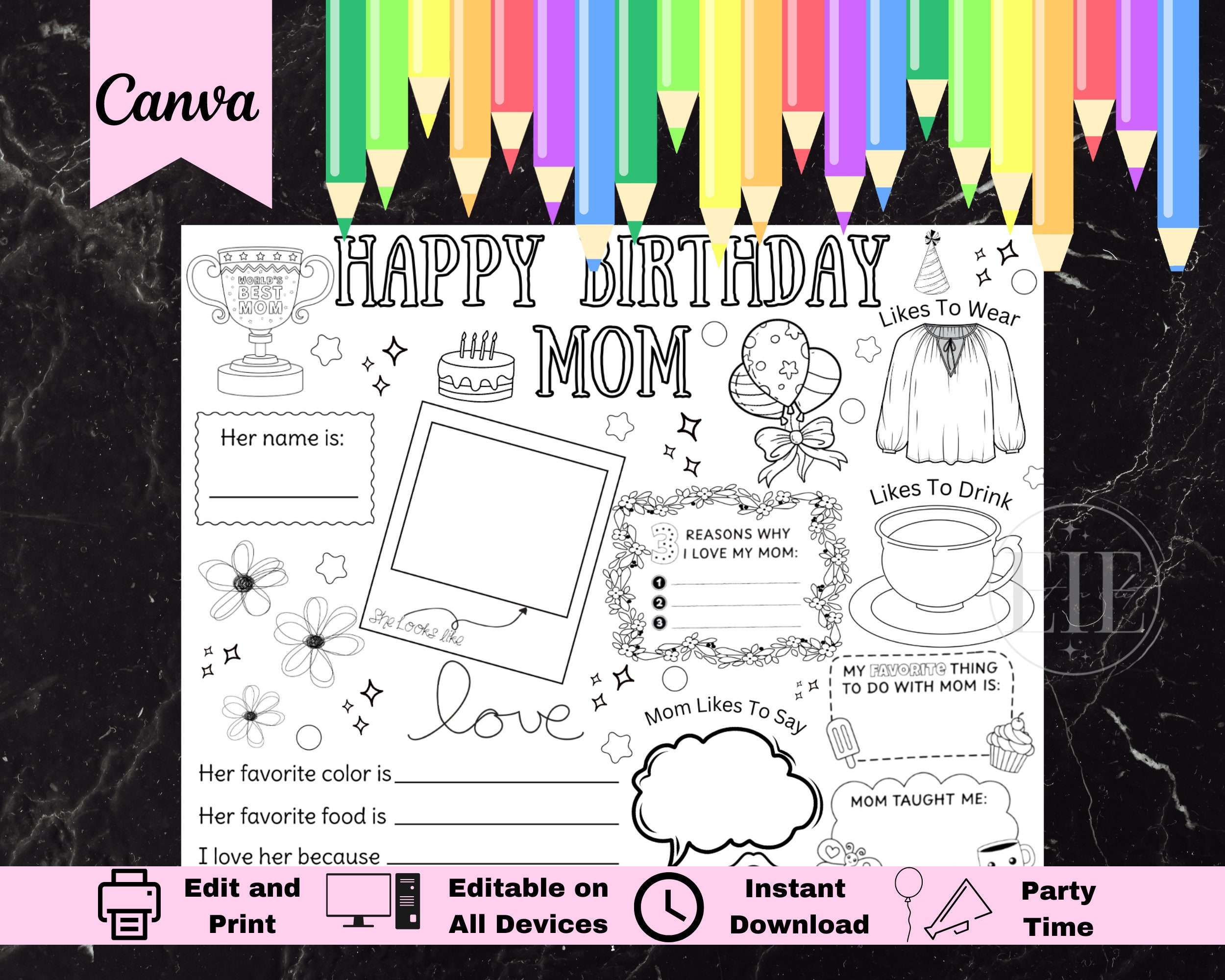 Mom Coloring Birthday Party Placemat | Editable Mother Activity Sheet ...