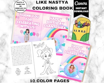 Like Nastya Coloring Book | Kid Youtuber Birthday Party Placemat| Nastya Activity Sheet | Custom Pink Party Favor | Girl Rainbow Child Page