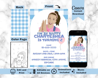 May include: A printable birthday invitation featuring a cartoon girl with a pink balloon. The invitation is blue and white checkered with the text "I'm so happy Chanteshea is turning 2".