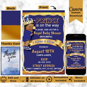Invito per la nascita del principe / Invito per bambino reale modificabile / È un ragazzo Evite / Biglietto di ringraziamento in oro blu / Modello di corona / King Reveal Party