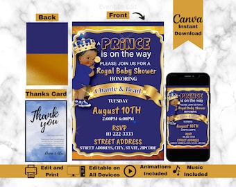 Prince Baby Shower Invitation | Editable Royal Baby Invite | Its A Boy Evite | Blue Gold Thank You Card | Crown Template | King Reveal Party