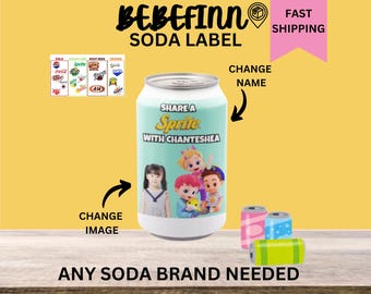 Op de afbeelding: Een aanpasbaar etiket voor een blikje frisdrank met een cartoonafbeelding van drie kinderen. Het etiket zegt "Share a Sprite with Chanteshea".
