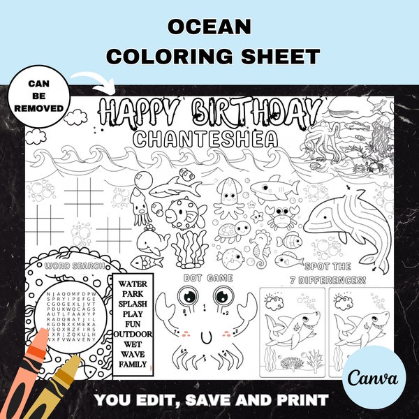 Ocean Coloring Birthday Party Placemat | Sea Creature Activity Sheet | Under The Sea Table Game | Marine Party Favor | Kid Animal Color Page