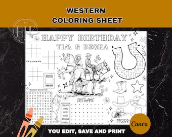 May include: A black and white coloring sheet with a Western theme. It features a birthday message for Tim & Becka, a maze, a word search, a dot-to-dot game, and a variety of Western-themed images, including horses, cowboys, and boots.