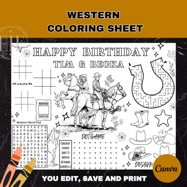 Western Birthday Party Coloring Placemat | Rodeo Color Activity Sheet | Cowboy and Cowgirl Place Mat Page | Saddle Up Wild West Party Favor