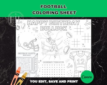 May include: A black and white colouring sheet with a football theme. The sheet includes a word search, connect the dots, and a section to decorate a football uniform. The text "Happy Birthday Bulluck" is at the top of the sheet.