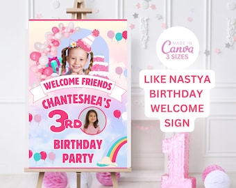 Op de afbeelding: Een roze en blauwe verjaardagswelkomststicker met een regenboog, ballonnen en wolken. De sticker zegt "Welcome Friends Chanteshea's 3rd Birthday Party".