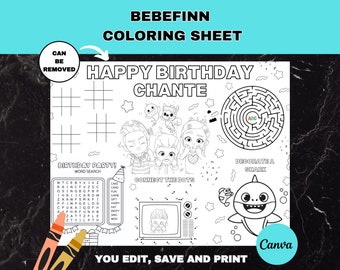 Op de afbeelding: Een zwart-witte printbare kleurplaat met Baby Shark-karakters. De plaat bevat een woordzoeker, verbind de stippen, een doolhof en een sectie om een ​​haai te versieren. De tekst "Happy Birthday Chante" staat bovenaan de plaat.