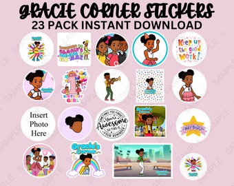 May include: A set of 23 printable corner stickers featuring a cartoon girl named Gracie. The stickers include various designs with phrases like "Keep up the good work!" and "Way to go!"  The stickers are perfect for adding a personal touch to any project.