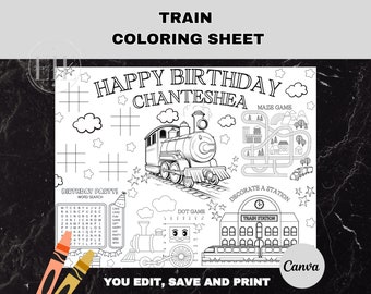 Train Coloring Birthday Party Activity Sheet | Editable Transportation Placemat | Train Rail Color Page | Kids Locomotive Engine Party Favor