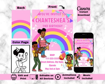 Op de afbeelding: Een roze verjaardagsuitnodiging met een regenboog en muzieknoten. De uitnodiging zegt "You're Invited to Chanteshea's 2nd Birthday." Inclusief een kleuren pagina, bewerkbaar op alle apparaten, met animaties en muziek.