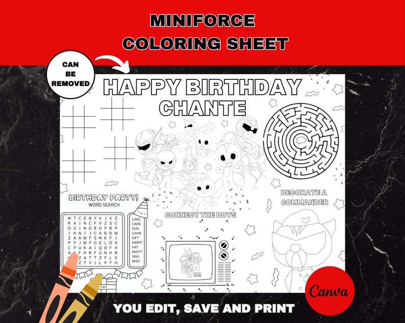 Miniforce Coloring Birthday Party Placemat | Mini Force Activity Sheet ...