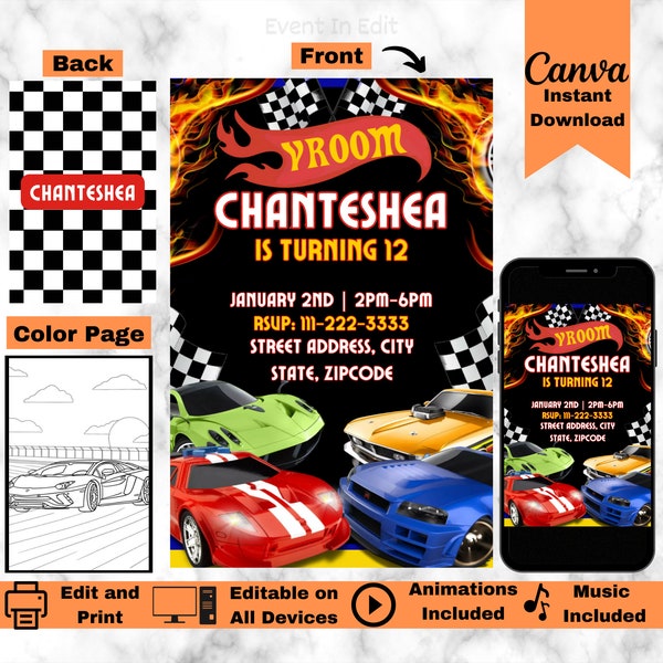 Race Car Birthday Party Invitation | Editable Cars Invite | Racing Track Evite | Boy Kids Toy Vehicle Card | Two Fast Start Your Engine Card