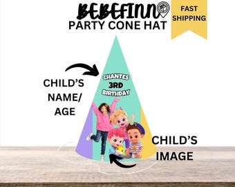 May include: A green, purple and yellow party cone hat featuring a picture of children from the show "CoComelon". The hat says "Chantes 3rd Birthday".