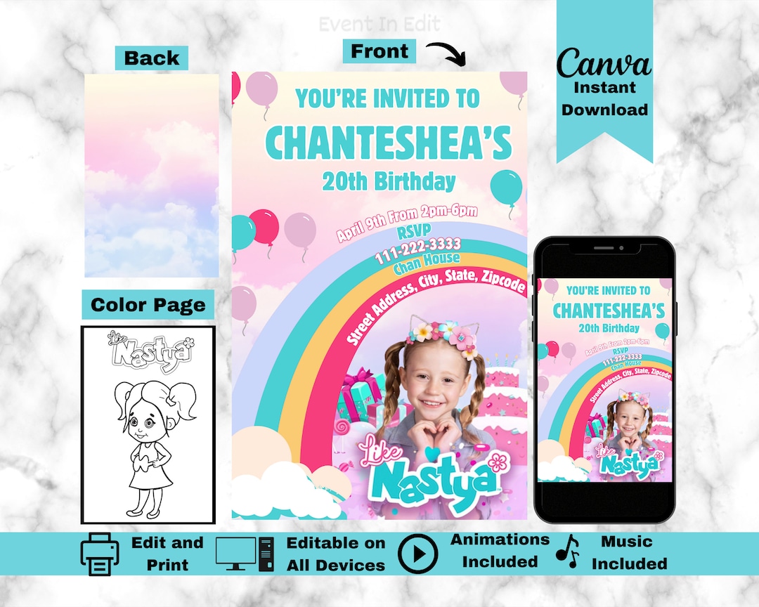 Like Nastya Birthday Party Invitation | Editable Kid Youtuber Invite