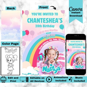 Like Nastya Geburtstags-Party Einladung | Bearbeitbares Kind Youtuber Einladen | Wie Nastya Color Page | Kind-Mädchen-Regenbogen-Karte | Nastya Digital Evite