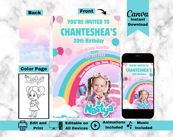 Like Nastya Birthday Party Invitation | Editable Kid Youtuber Invite | Like Nastya Color Page | Kid Girl Rainbow Card | Nastya Digital Evite