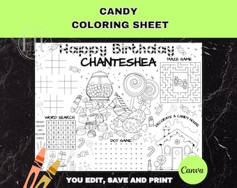 Candy Coloring Birthday Party Activity Sheets | Editable Sweets Placemat | Chocolate Color Page | Lollipop Table Game | Candy Land Template