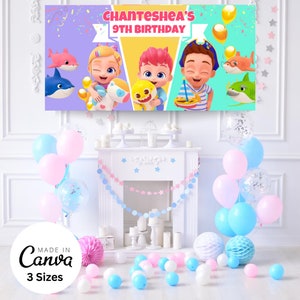 Banner festa di compleanno di Bebefinn / Sfondo stampabile con squalo / Decorazioni per feste per neonate / Poster di Bebefinn / Segno di favore del partito di Finn per bambini