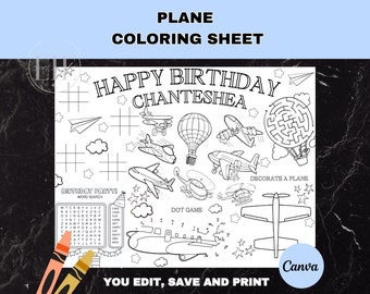 Plane Coloring Birthday Party Activity Sheet | Editable Airplane Placemat | Air Force Table Game | Jet Color Page | Sky Balloon Party Favor
