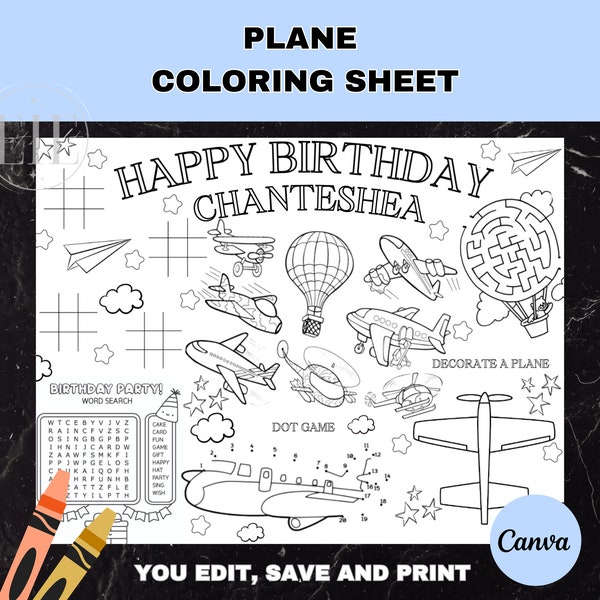 Plane Coloring Birthday Party Activity Sheet | Editable Airplane Placemat | Air Force Table Game | Jet Color Page | Sky Balloon Party Favor