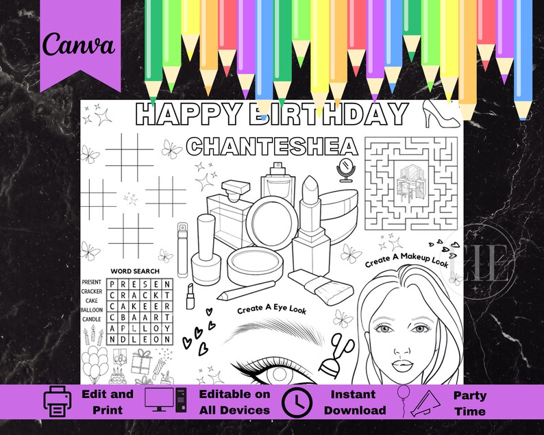Makeup Coloring Birthday Party Activity Sheet | Editable Cosmetics ...