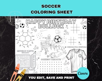 May include: A black and white printable coloring sheet featuring a soccer theme. The sheet includes a connect the dots activity, a word search, a birthday party hat, a soccer jersey to color, and a soccer ball. The text "Happy Birthday Bulluck" is at the top of the sheet.