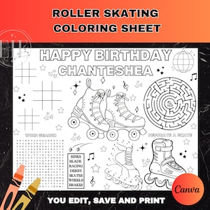 Roller Skating Birthday Party Activity Sheet | Editable Groovy Placemat | Disco Color Page | 70s 80s 90s Party Favor | Kid Derby Color Sheet