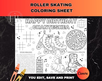 Op de afbeelding: Een zwart-witte, printbare kleurplaat met een ontwerp van een rolstoel met een verjaardagsslogan die zegt "Happy Birthday Chanteshea". De plaat bevat ook een woordzoeker, een doolhof en een sectie om een rolstoel te versieren.