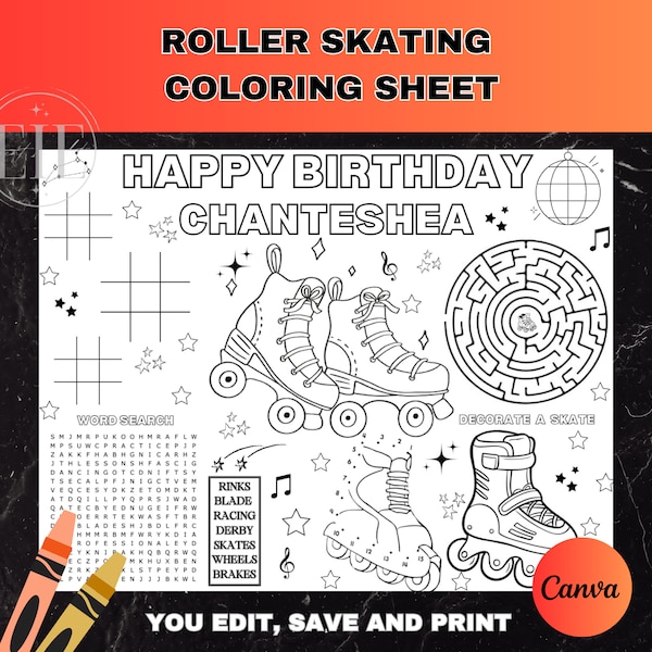 Roller Skating Birthday Party Activity Sheet | Editable Groovy Placemat | Disco Color Page | 70s 80s 90s Party Favor | Kid Derby Color Sheet