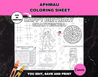 Aphmau Birthday Party Coloring Page | Editable Girl Gamer Placemat | Block Character Color Sheet Game | Aphmau Kawaii Cat Kid Party Favor