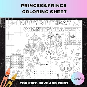 Prince and Princess Coloring Birthday Party Activity Sheet | Editable Royalty Placemat | Knight Color Page | Fairy Tale Party Favor Game
