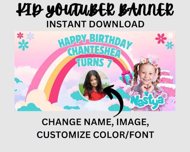 Elevate your Like Nastya birthday with our customizable banners! Personalize with your childs name, font, and color for a truly unique touch. Explore our Nastya collection now!