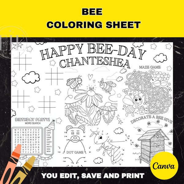 Bee Coloring Birthday Party Activity Sheet | Editable Honey Bee Placemat | Insect Table Game | Buzz Party Favor | Nature Garden Color Page