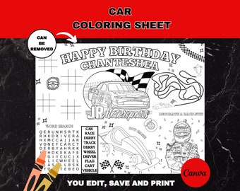 May include: A black and white colouring sheet featuring a race car, a race track, and a driver. The sheet includes a word search puzzle and a connect-the-dots activity. The text "HAPPY BIRTHDAY CHANTESHEA" is at the top of the sheet.