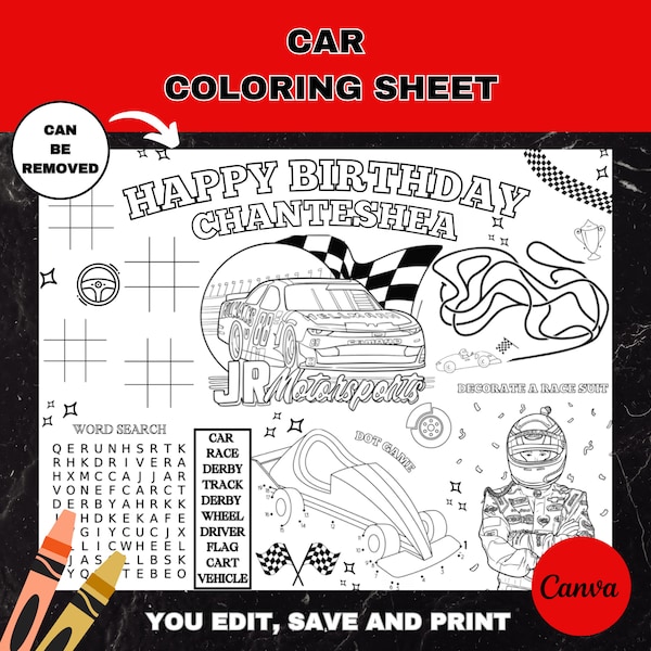 Race Car Coloring Birthday Party Activity Sheet | Editable Racing Placemat | Two Fast Party Favor | Sport Car Color | Kid Vehicle Table Game