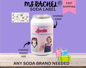Op de afbeelding: Een aanpasbaar etiket voor een blikje frisdrank met een roze en blauw ontwerp en de tekst "Share a Sprite with Chanteshea". Het etiket is ontworpen om te worden gepersonaliseerd met een naam, een afbeelding en een leeftijd.
