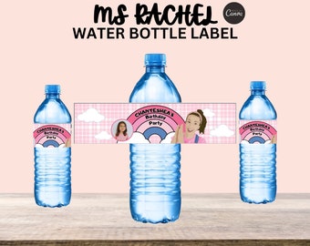 May include: Water bottle label with a pink and blue rainbow design. The label features a photo of a girl with the text "Chanteshea's Birthday Party".
