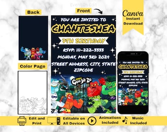 Goo Jit Zu Birthday Party Invitation | Editable The Heroes of Goo Jit Zu Invite | Action Figure Color Page | Monster Card | Digital Evite
