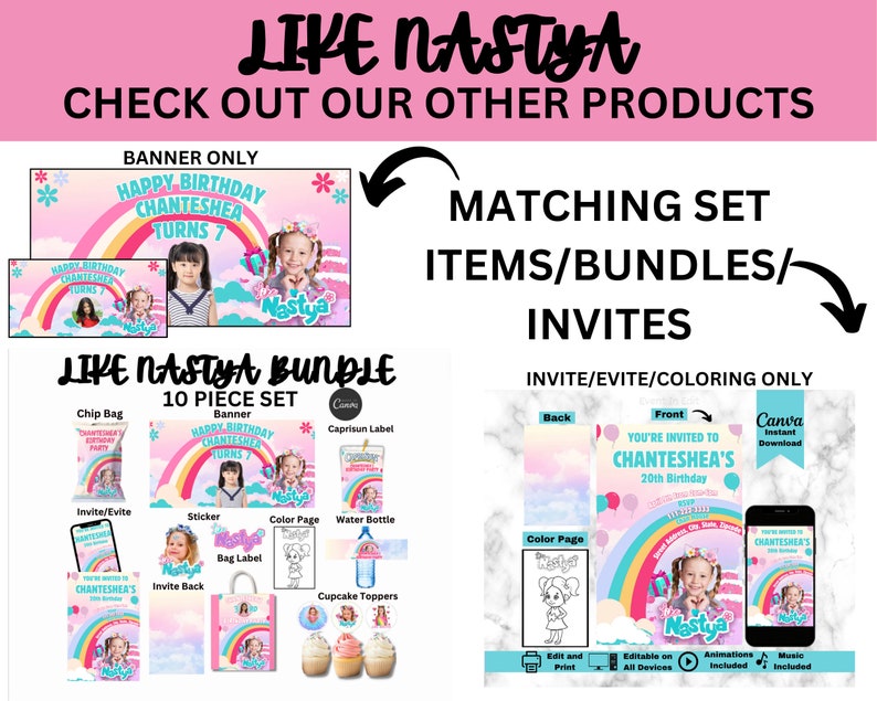 Other Items Available Like Nastya Coloring Page Placemat, Invite, Coloring Pages, Evite, Banner Only, Bundle.