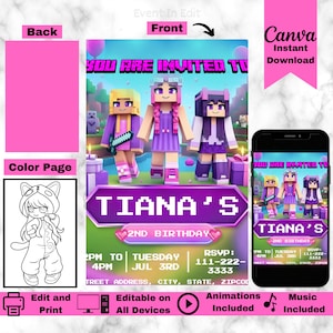Aphmau Birthday Party Invitation | Editable Gamer Girl Invite | Block Game Character Color Page | Aphmau Card | Kawaii Kittie Digital Evite
