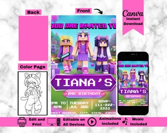 Uitnodiging voor verjaardagsfeestje Aphmau | Bewerkbare gamermeisjesuitnodiging | Kleurenpagina spelpersonage blokkeren | Aphmau-kaart | Kawaii Kittie Digital Evite