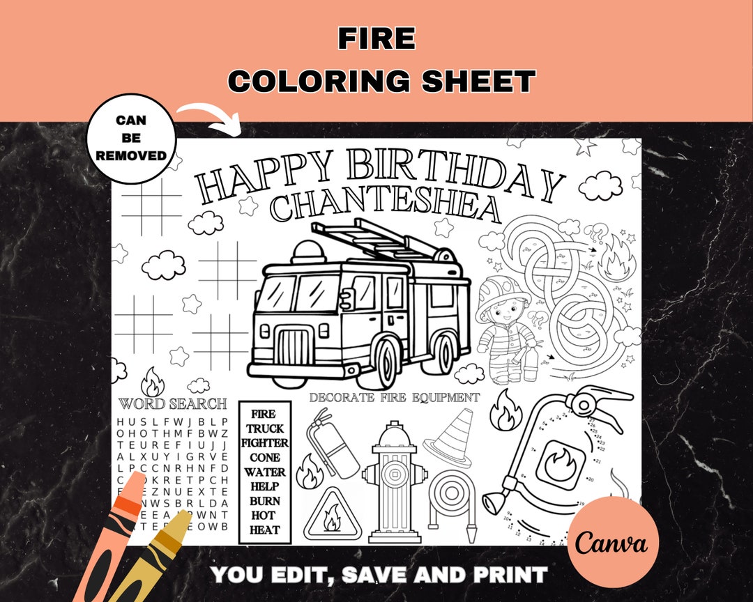 Fire Truck Coloring Birthday Party Placemat | Printable Firefighter Activity Page | Kid Fire ...
