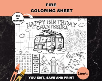 Op de afbeelding: Een zwart-wit kleurplaat met een brandweerwagen, een brandweerman en een brandkraan. De plaat bevat een woordzoeker, een stippen-verbind-spel en een sectie om brandweeruitrusting te versieren. De tekst "Happy Birthday Chanteshea" staat bovenaan de plaat.